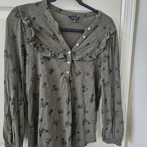 ​Lucky Brand Floral Ruffle Henley Top - Olive Green - Size M